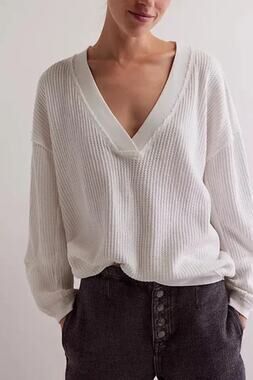 We The Free Ricky Thermal V-Neck Ribbed Knit Long Sleeve T-Shirt White M